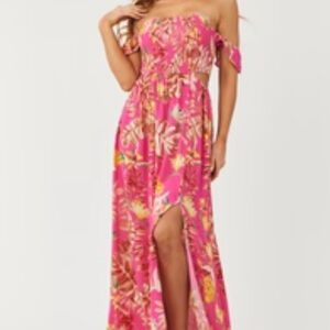 Pink Ruffled Off-Shoulder Maxi Dress with Slit